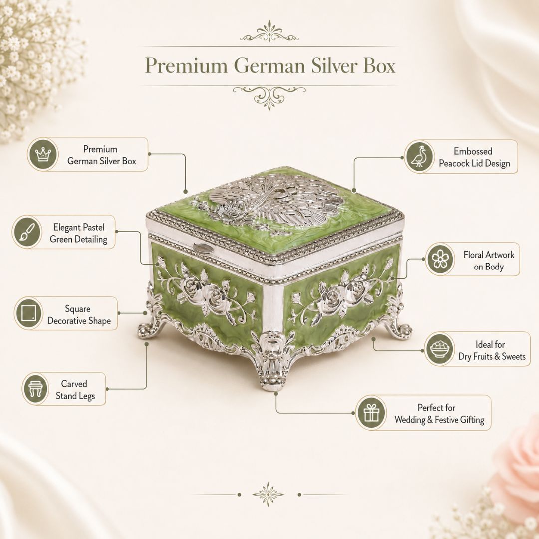 Royal Green Floral Metal Jewellery Box with Velvet Lining (3 x 3 x 2 Inch)