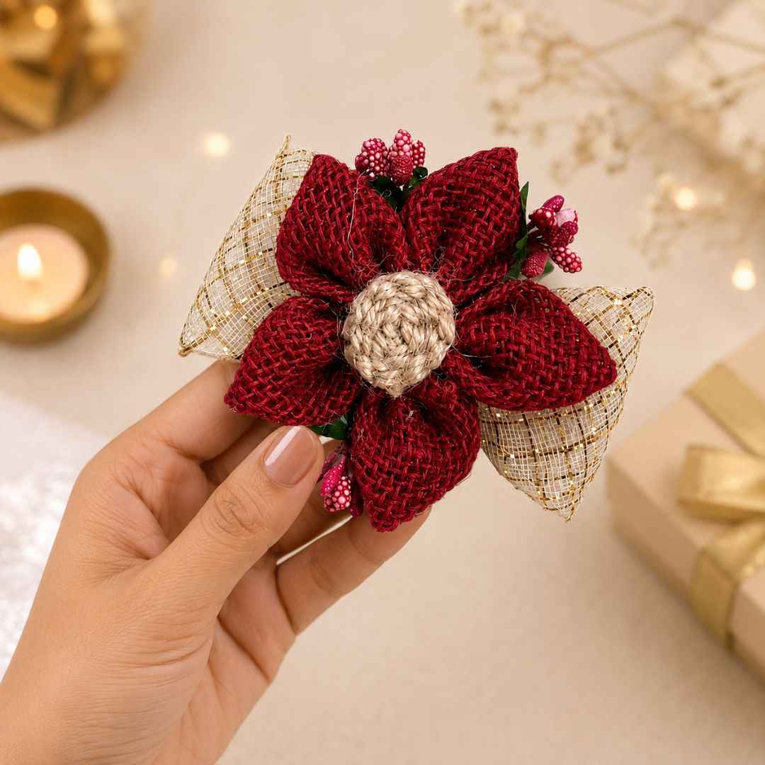 Set of 5 Maroon Jute Floral Golden Bow Decoration Accessories for Hamper Packing