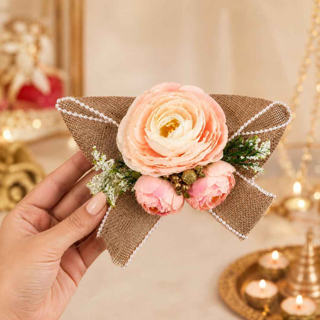 Set of 5 Peach Floral Decorative Accessories with Pearl Mesh Bow for Hamper Decoration