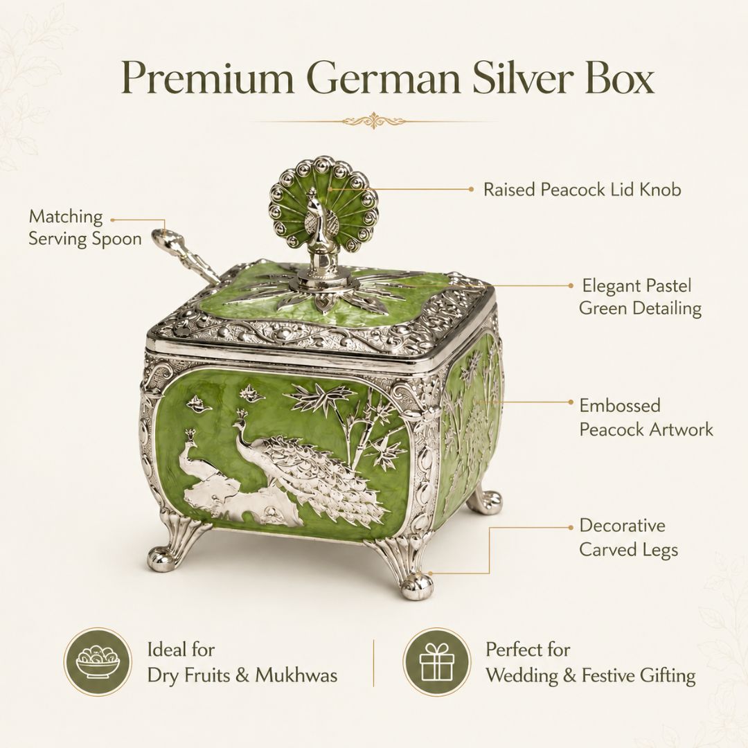 Royal Peacock German Silver Dry Fruit Box (Green) – 4 x 4 Inch with Spoon