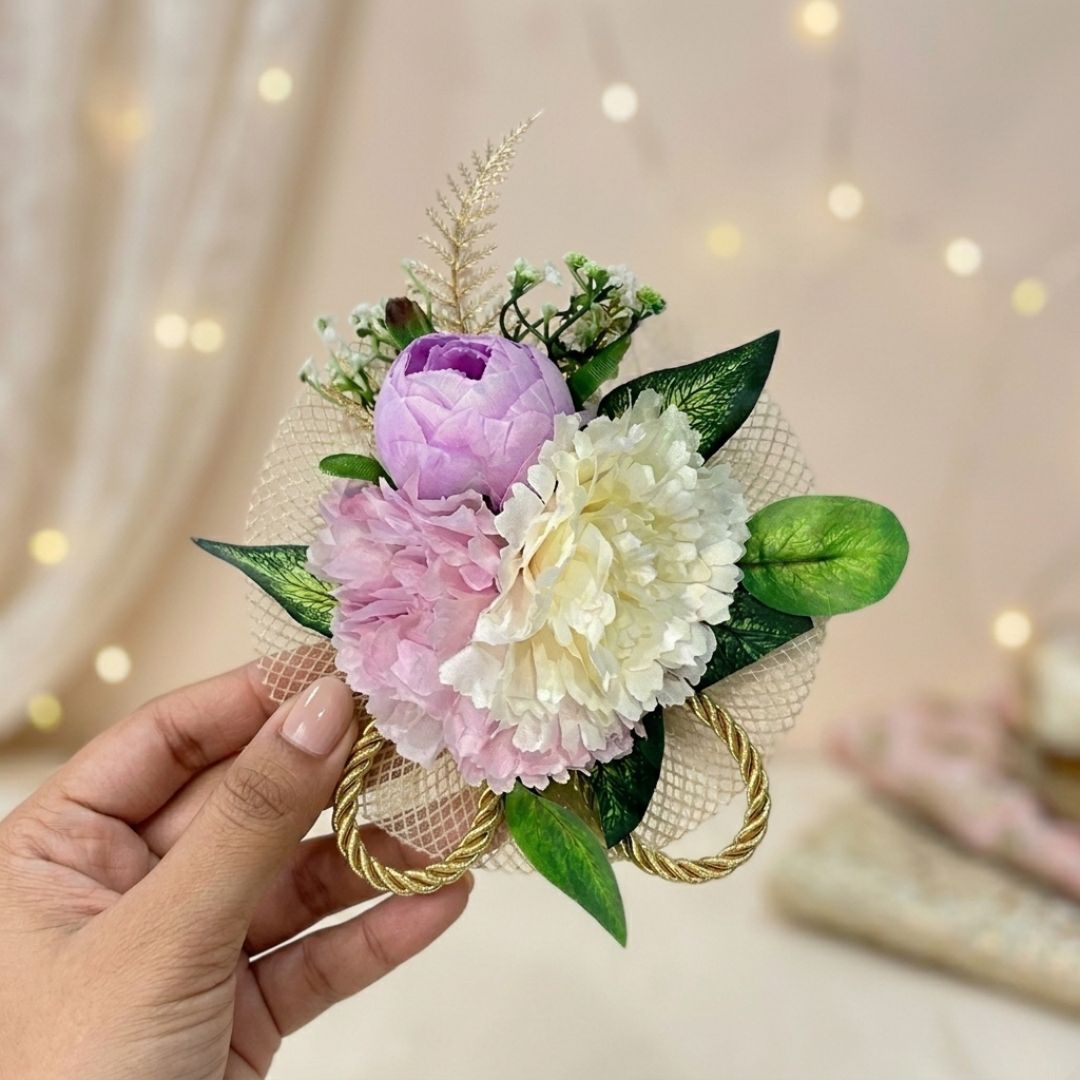Set of 5 Pastel Pink & White Floral Decorative Accessories for Hamper & Trousseau Packing