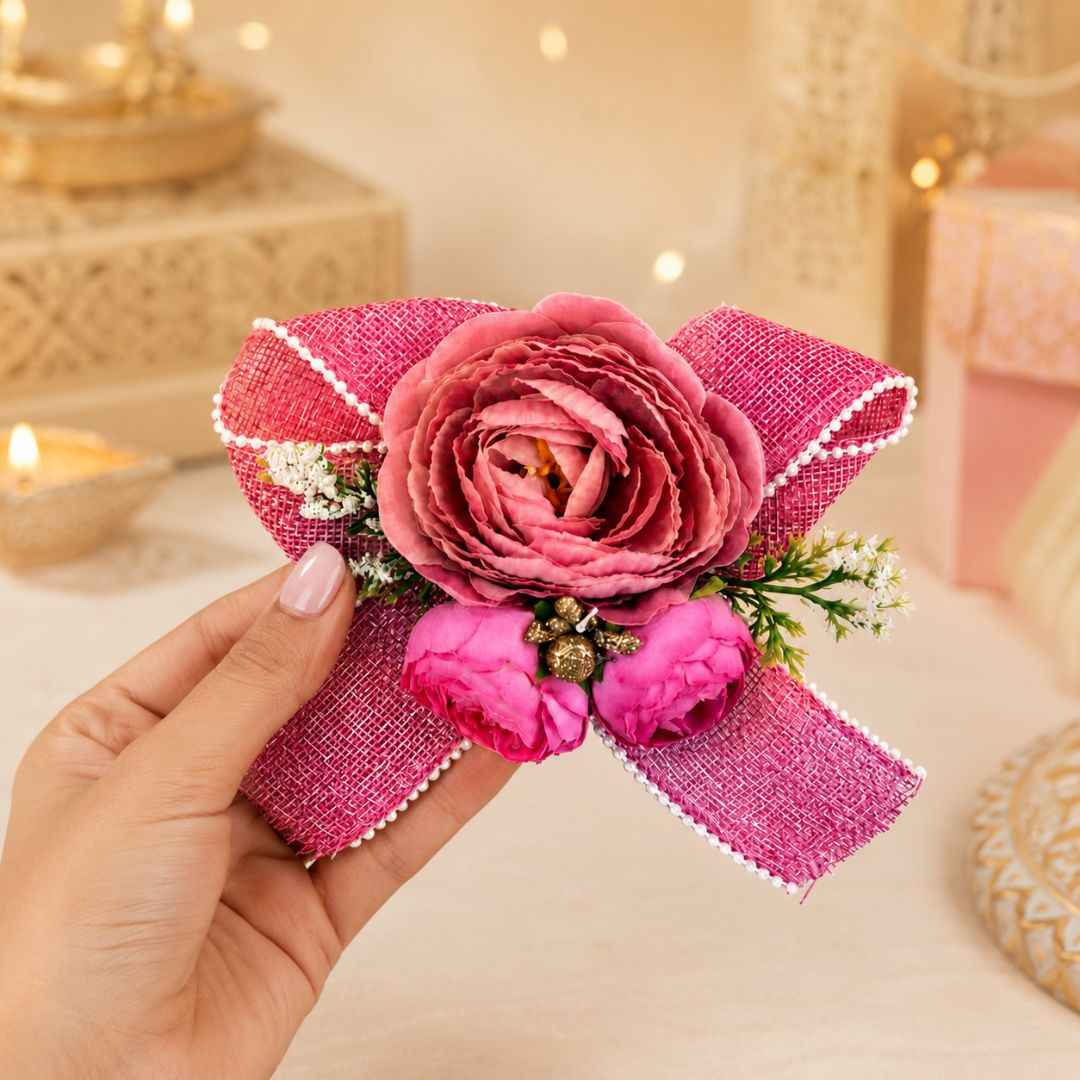 Set of 5 Pink Floral Decorative Accessories for Hamper Decoration & Trousseau Packing