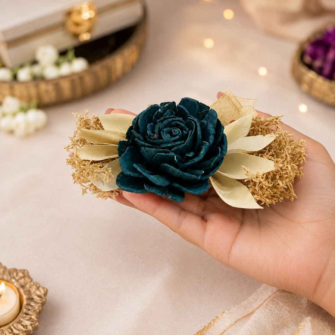 Set of 5 Teal Rose Decorative Accessories with Golden Leaves for Hamper & Trousseau Packing