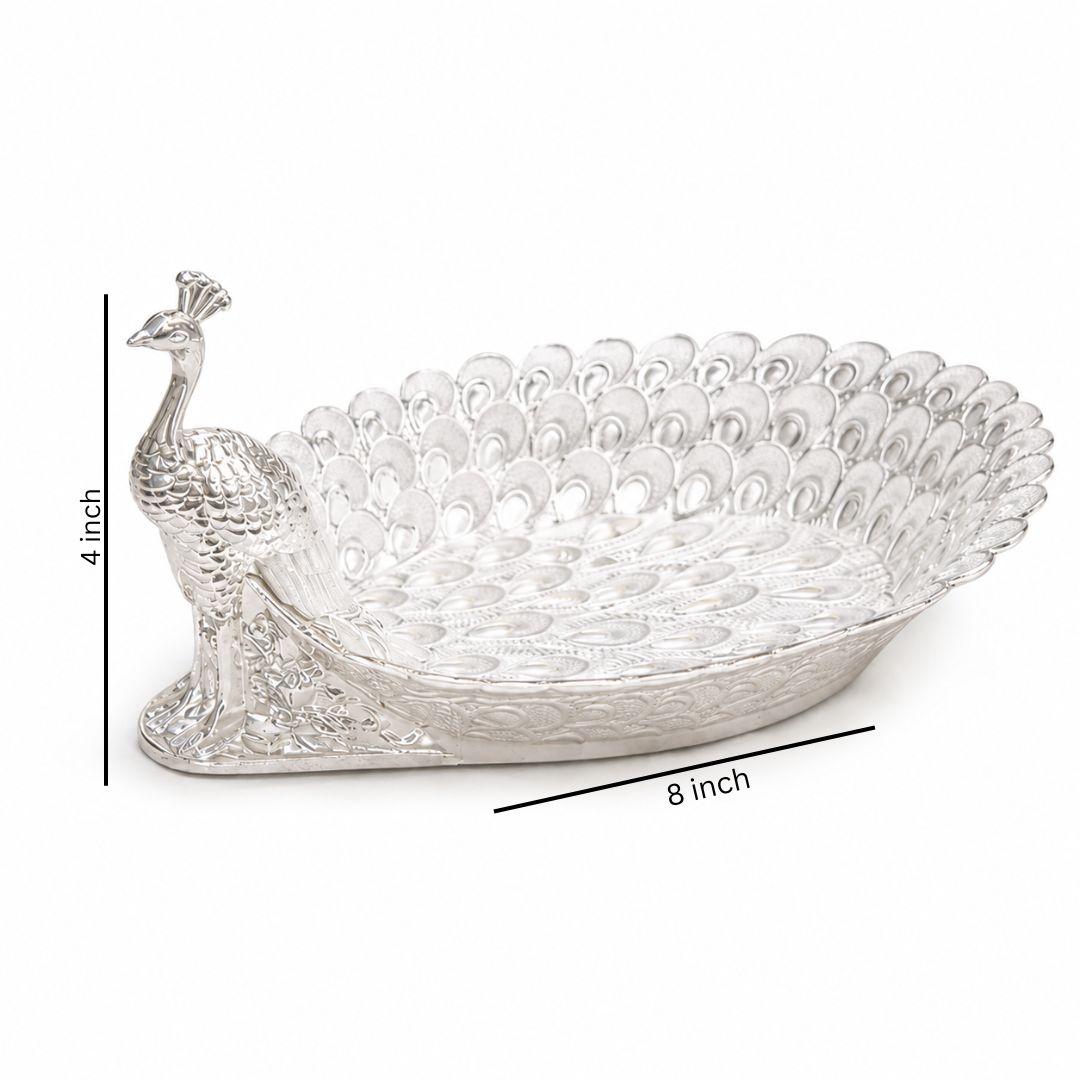 Peacock-Shaped German Silver Dry Fruit Tray (8 Inch) – Elegant Wedding & Festive Serving Platter - Adscraft.in