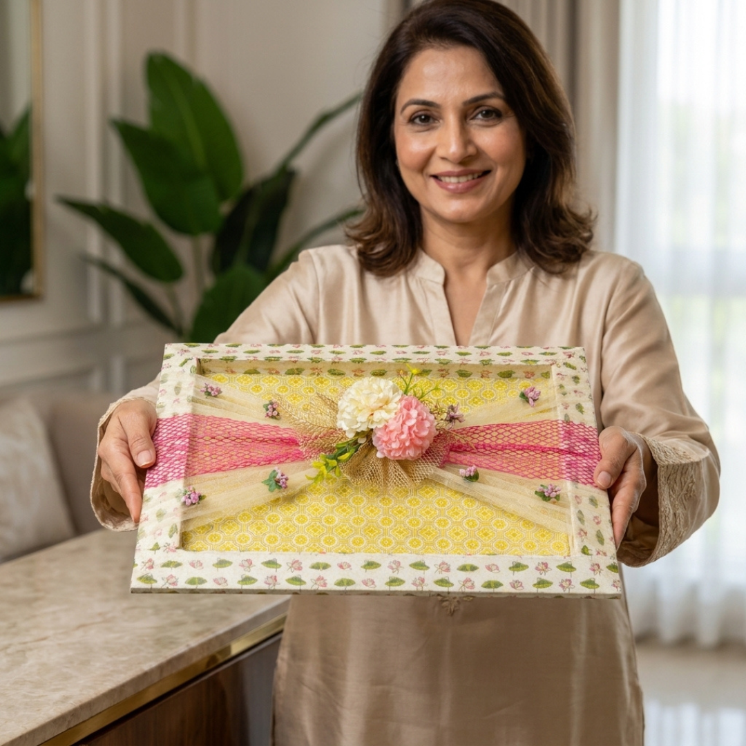 (Set of 3)Premium Floral Net Decorative Tray (18 x 14 Inch) – Yellow & Pink Wedding Hamper Tray