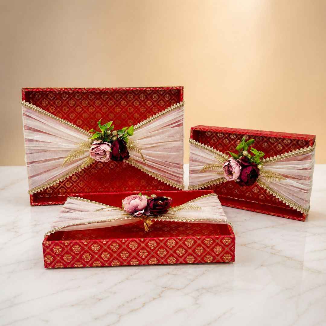 (Set of 3)Premium Red Floral Net Decorative Tray – Wedding Trousseau & Gift Packing Trays