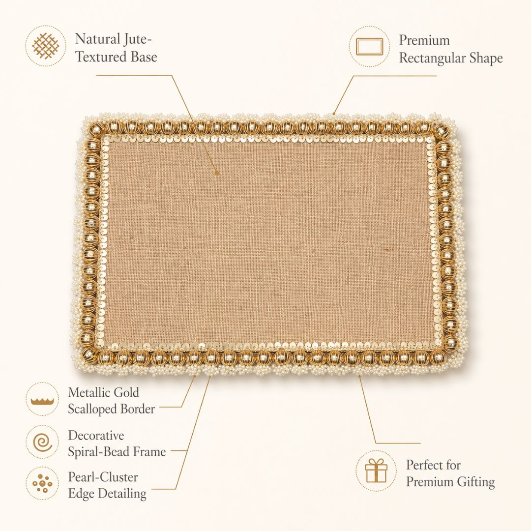 Natural Jute Gold Pearl Border Wedding Trousseau Tray
