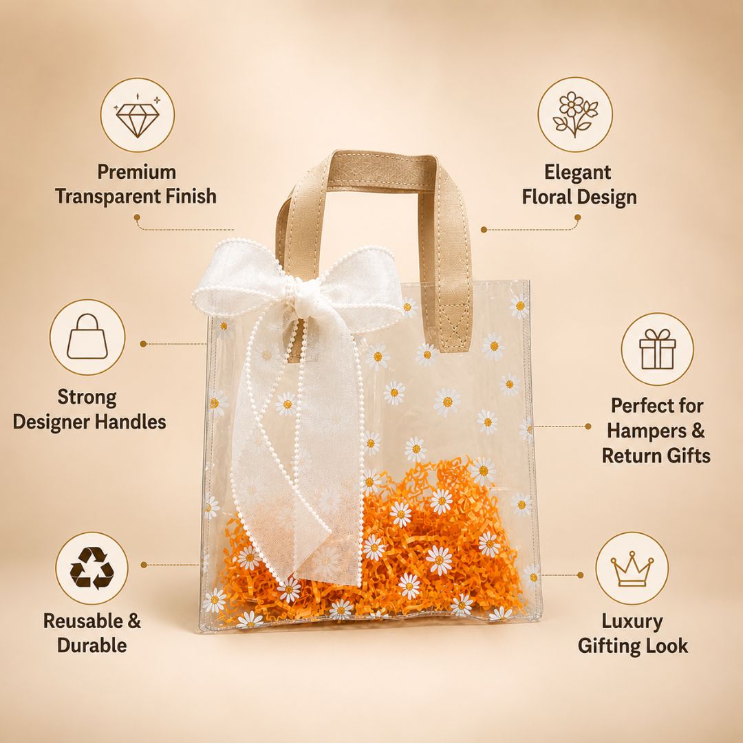 (Set of 5)Premium Transparent Floral Gift Bag with Bow Handle – 10 Inch x 14 Inch Sizes