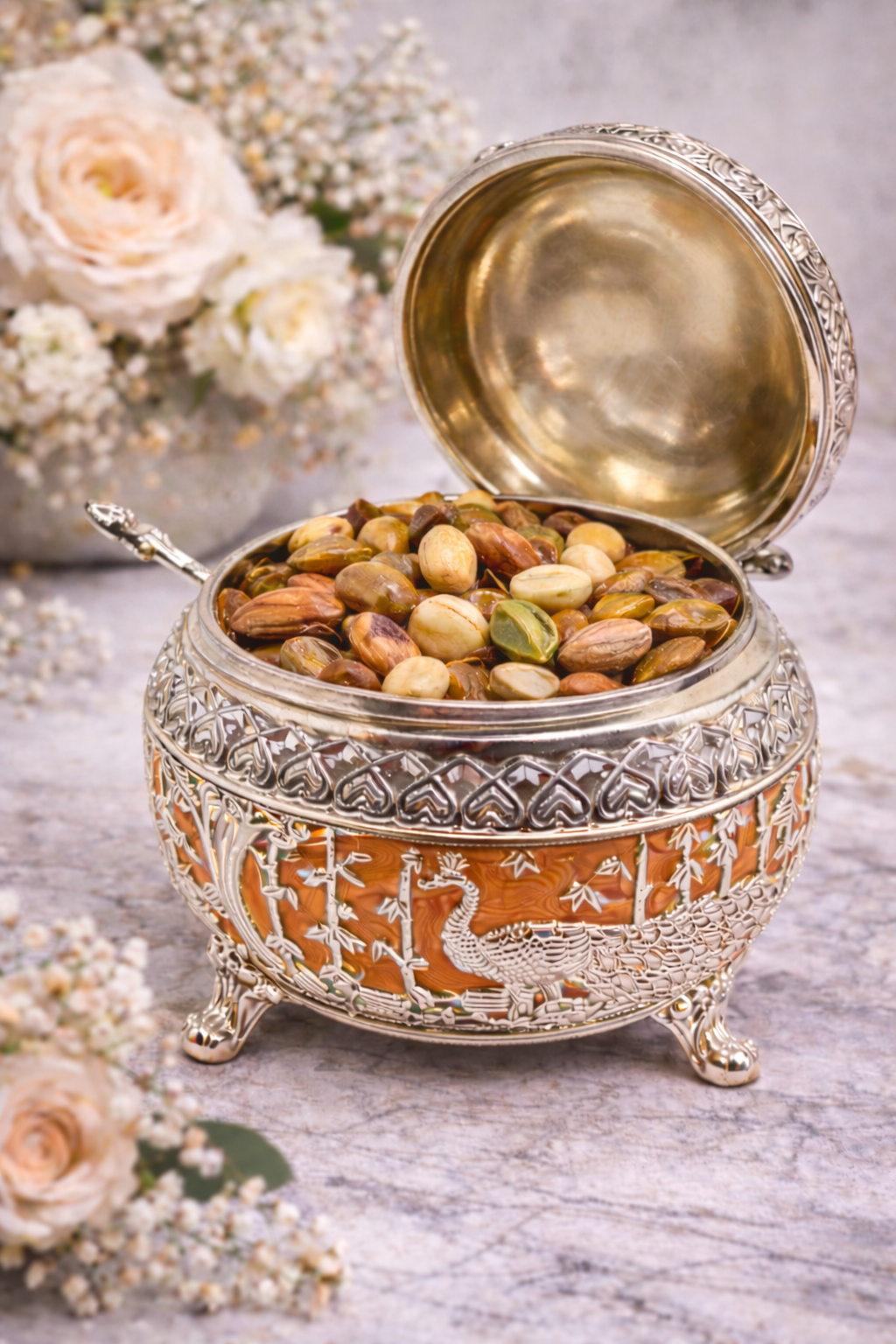 Peacock Design Premium Dry Fruit Box with Spoon – Orange Finish (5 x 5 Inch)