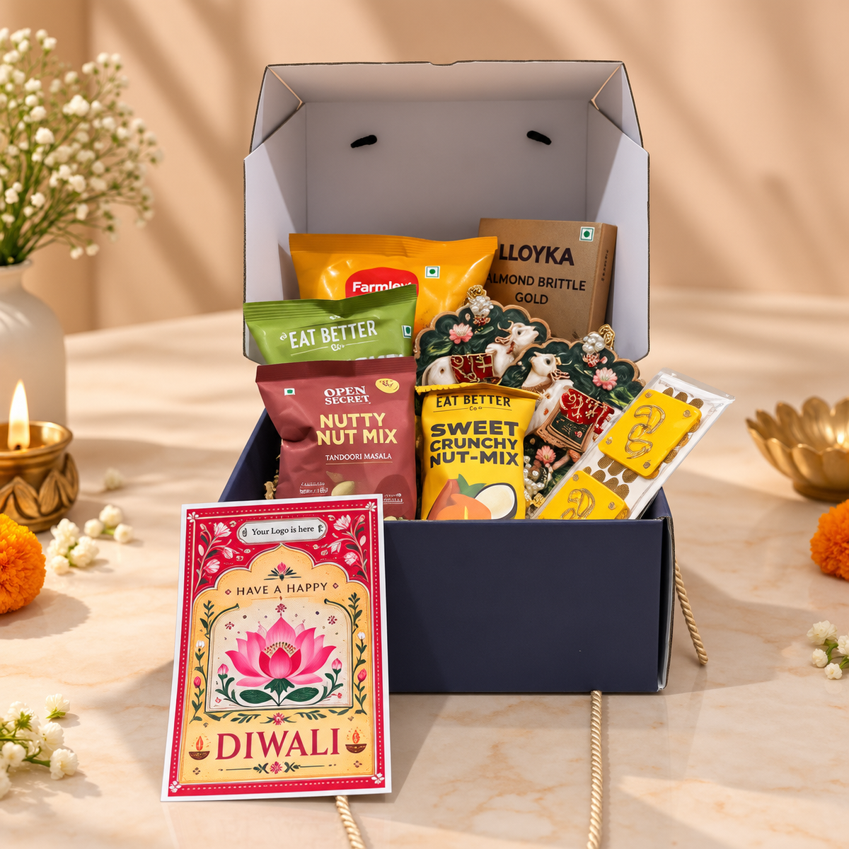 Navy Festive Rope Diwali box with premium nut mixes, makhana, almond brittle, Shubh-Labh and festive decor