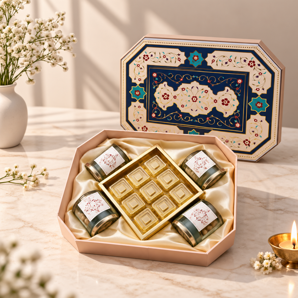 Open Pichwai Peacock hamper box with four glass jars and center tray for dry fruits, sweets and festive gifting