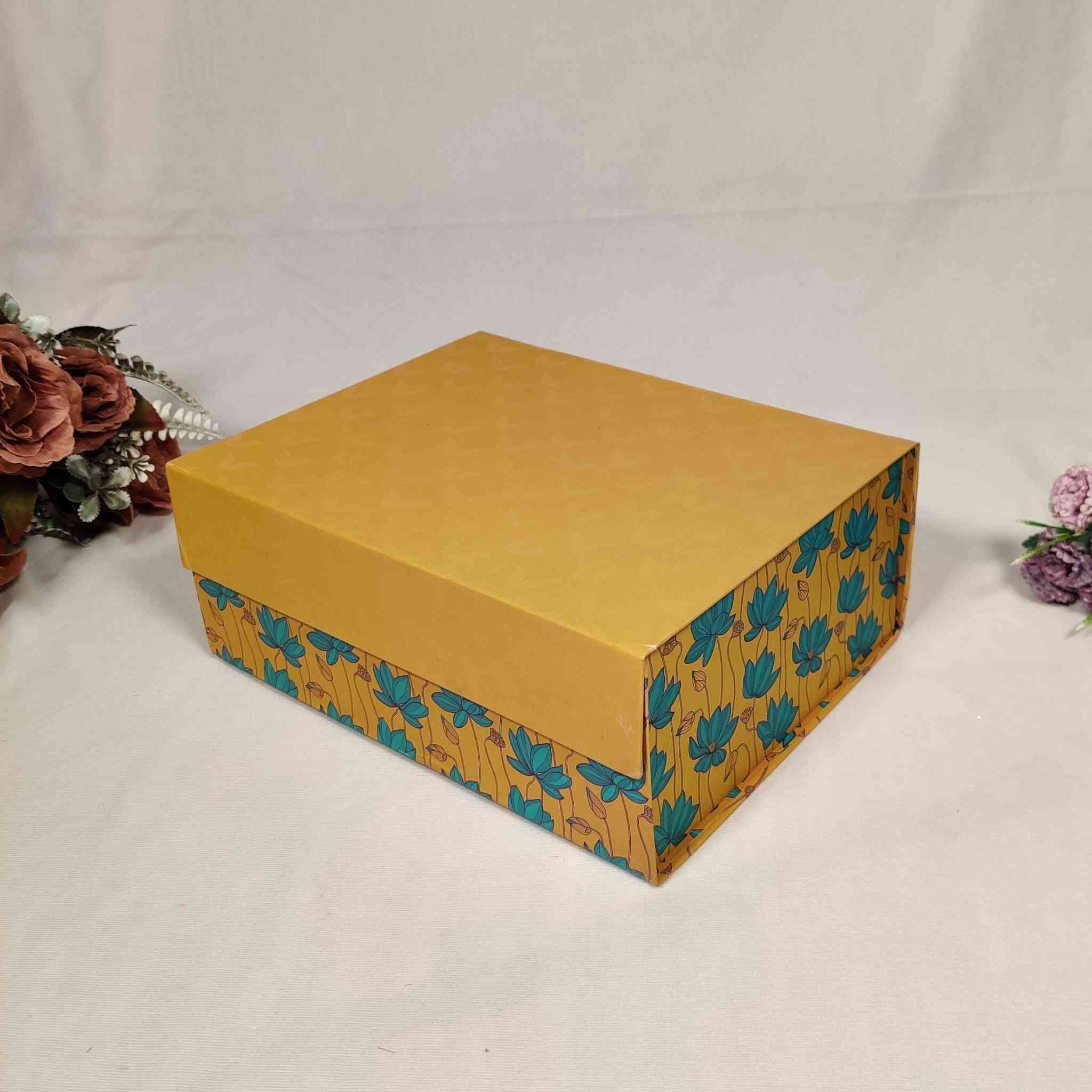 Yellow Floral Flip Box For Gift Hamper (10x8x4 inches)