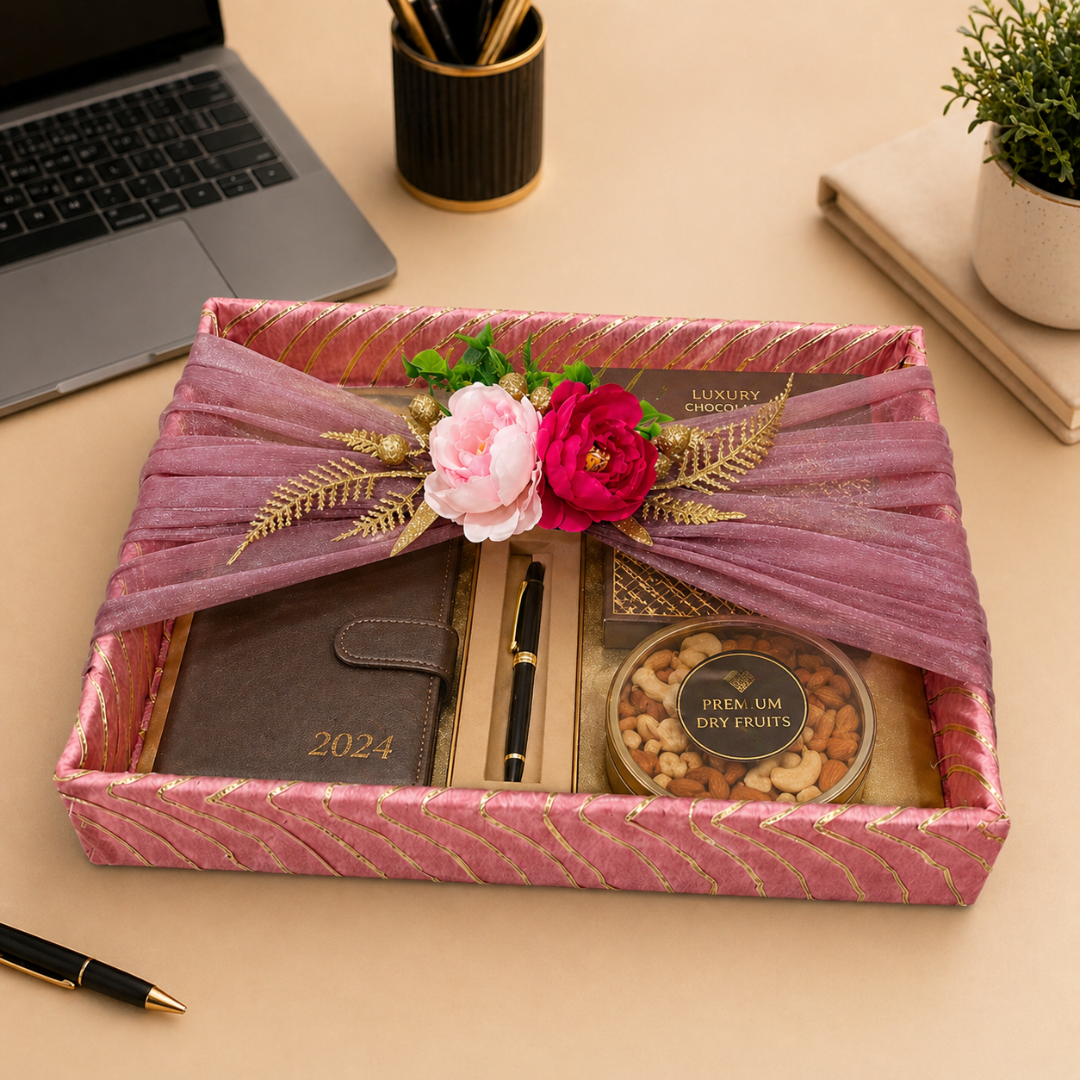 (Set of 2)Premium Pink & Gold Floral Net Gift Tray Set – Decorative Wedding Trousseau Trays - Adscraft.in