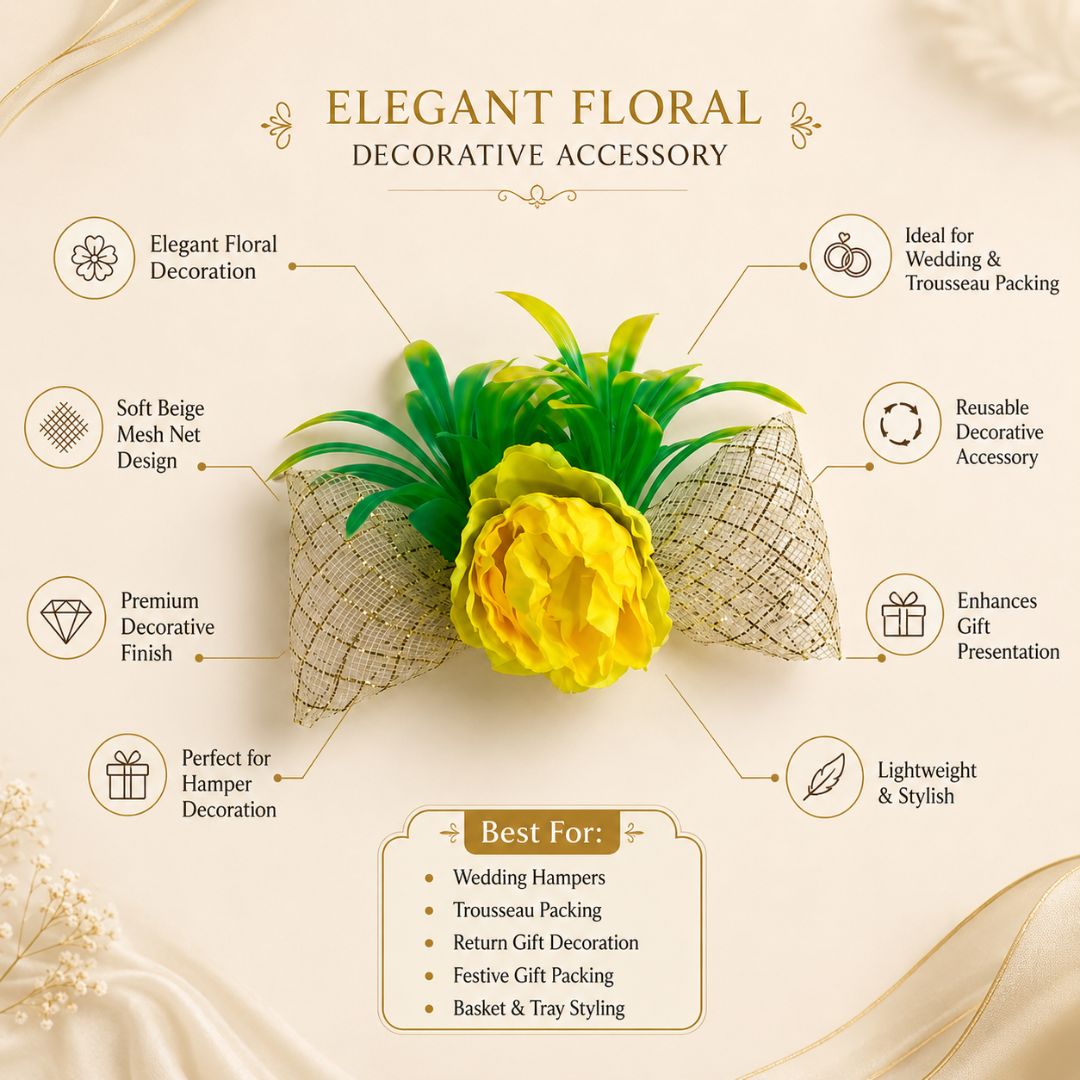 Set of 5 Yellow Flower Decorative Accessories with Golden Net for Hamper & Trousseau Packing