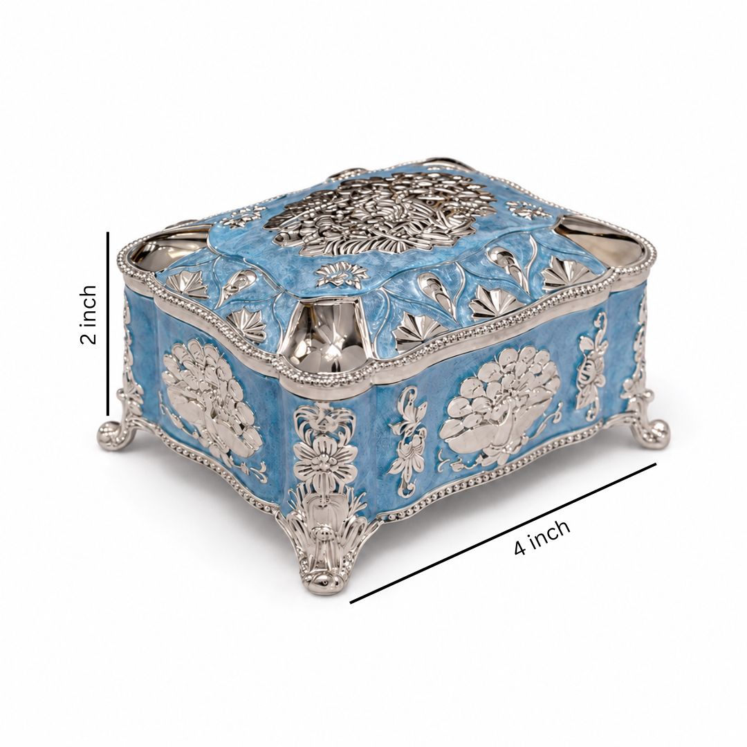 Royal Blue Enamel German Silver Storage Box with Velvet Lining (4 x 3 x 3 Inch)