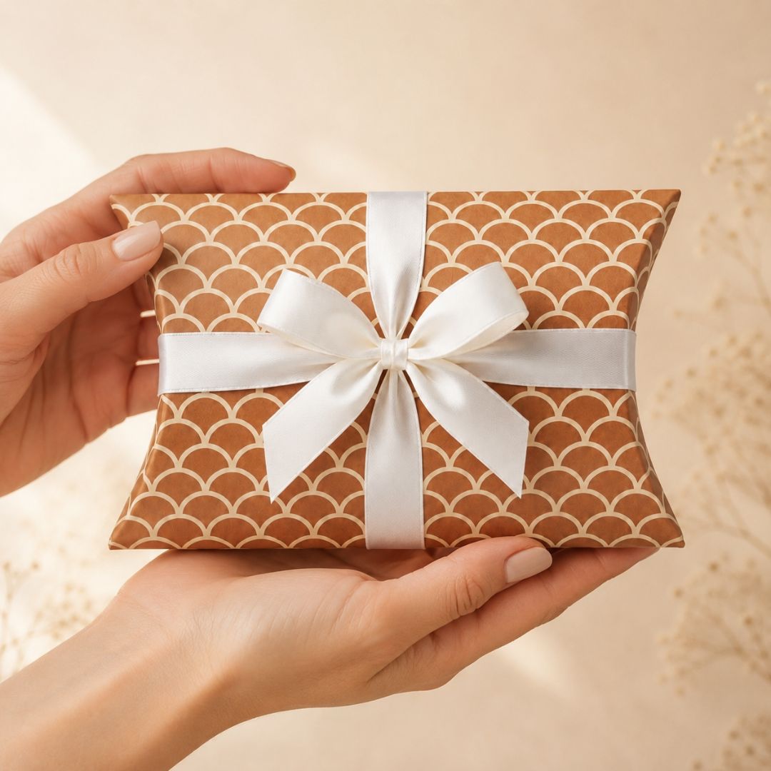 Pack of 24-Brown Scallop Pattern Pillow Gift Box with White Ribbon