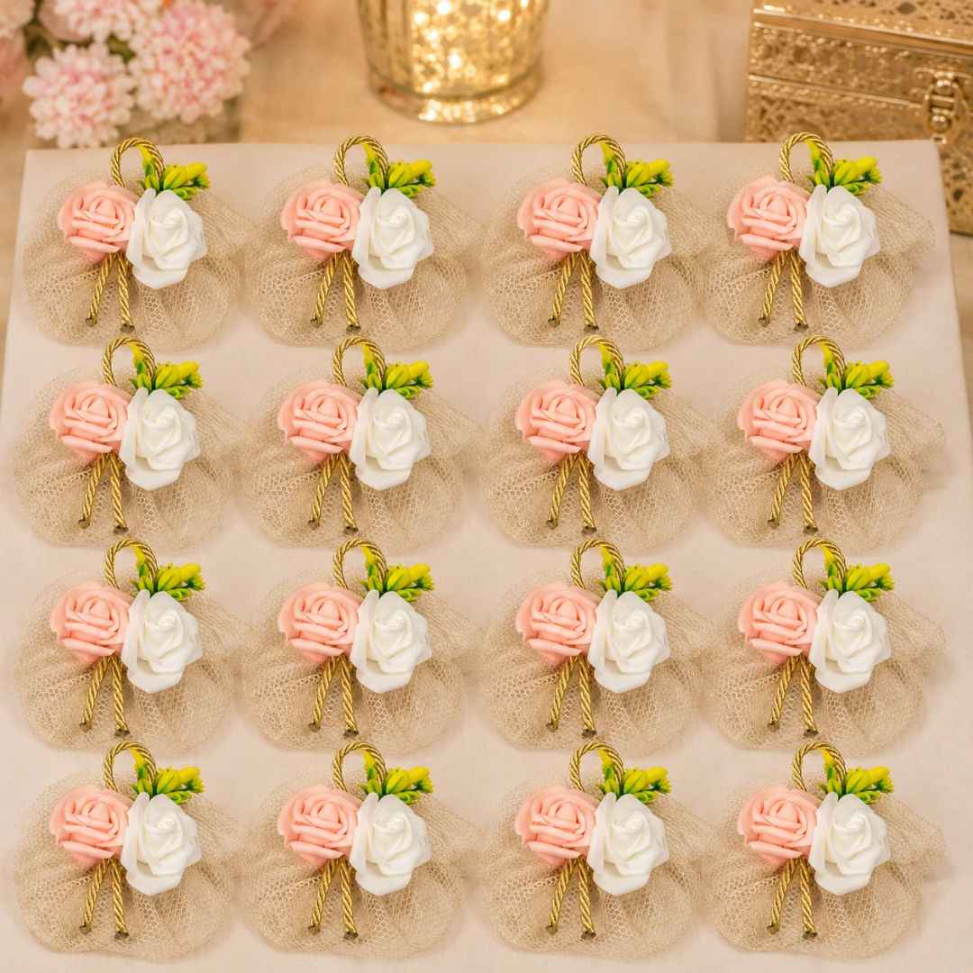 Pack of 5 Peach & White Rose Net Decorative Accessories for Hamper Packing