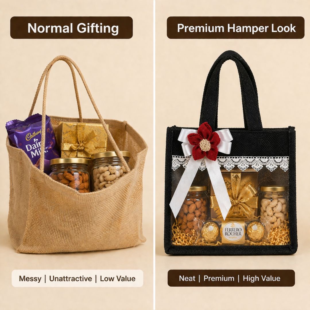 (Set of 5)Premium Black Jute Gift Basket with Transparent Window & Lace Decor | (8 x 10 Inch Sizes)