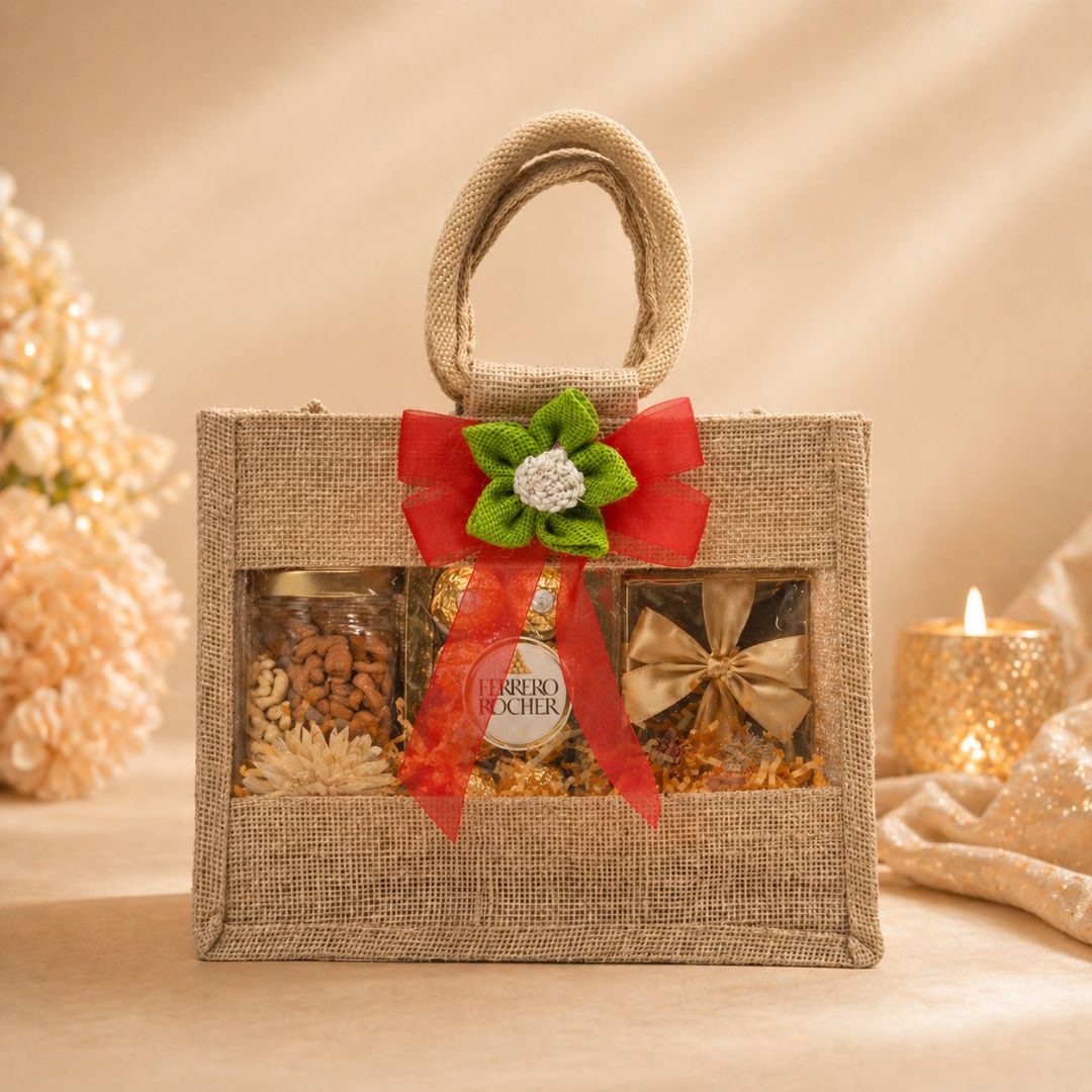 (Set of 5)Premium Jute Window Gift Basket with Handle & Floral Ribbon – 10 x 8 Inches