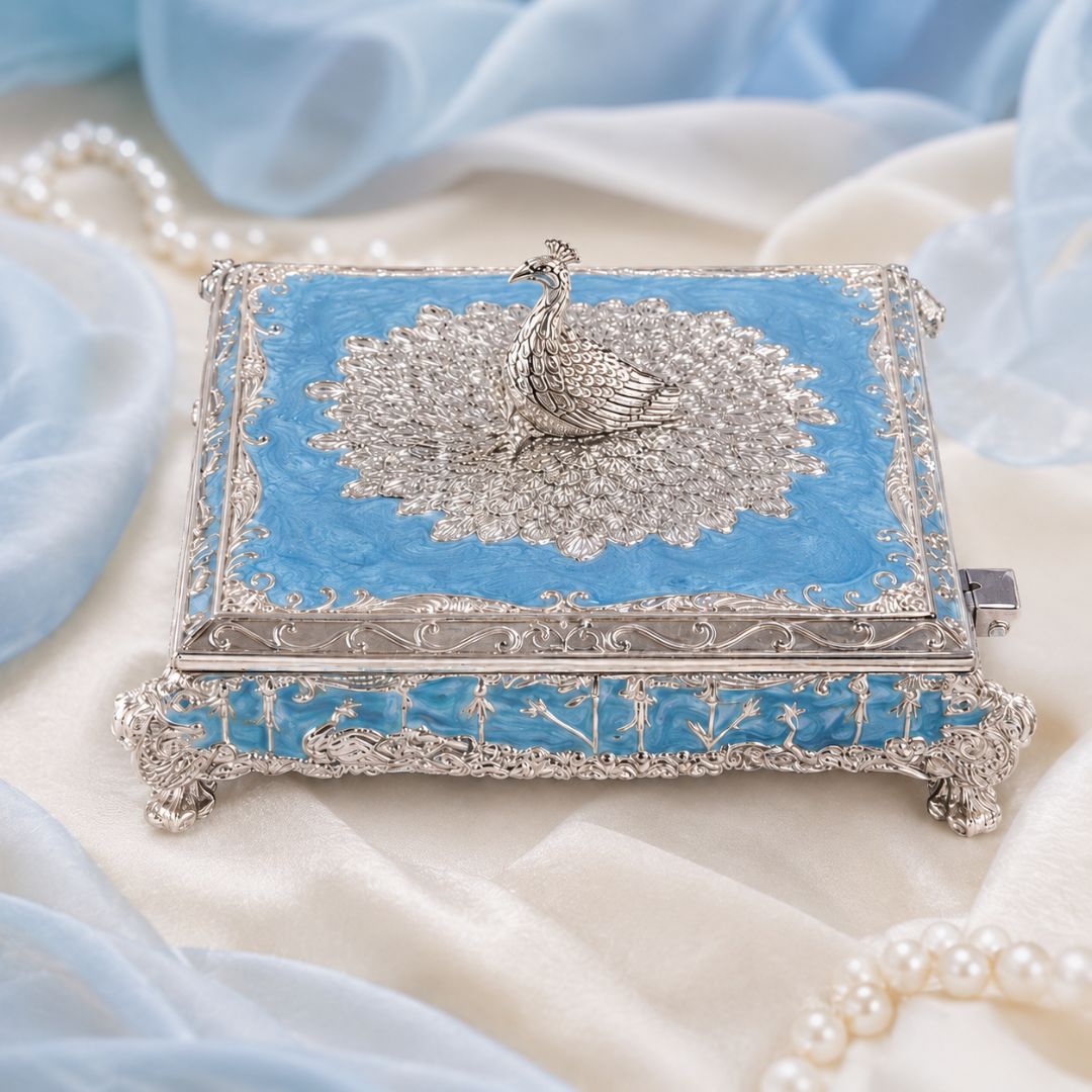 Premium German Silver Peacock Sweet & Dry Fruit Box with Blue Enamel Finish (5 x 5 x 2 Inch)