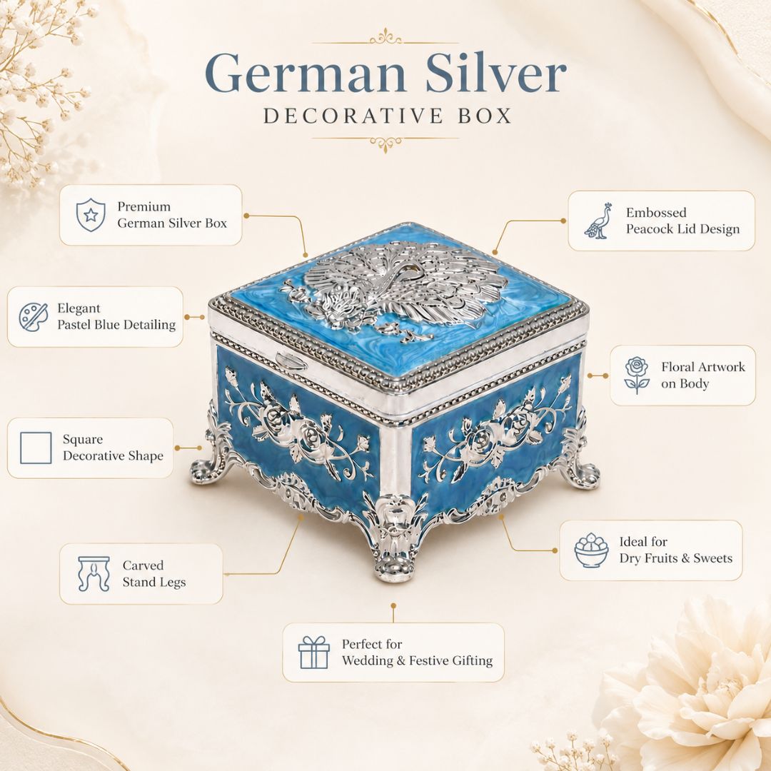 Premium Peacock Design German Silver Jewelry Box – Sky Blue (3 x 3 Inch)