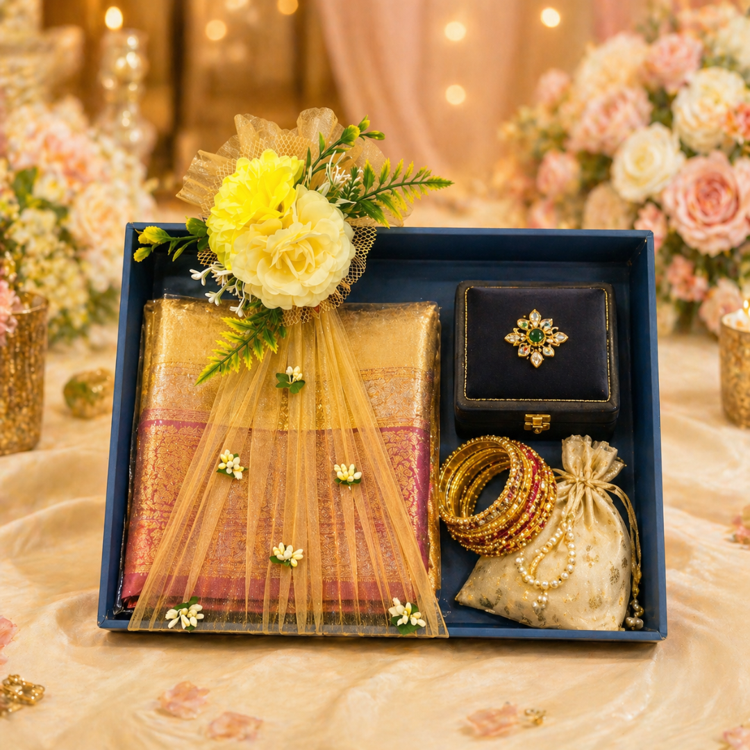 (Set of 3)Premium Navy Blue Ready-to-Use Gift Tray with Yellow Net & Floral Decor (16 & 12 Inch)