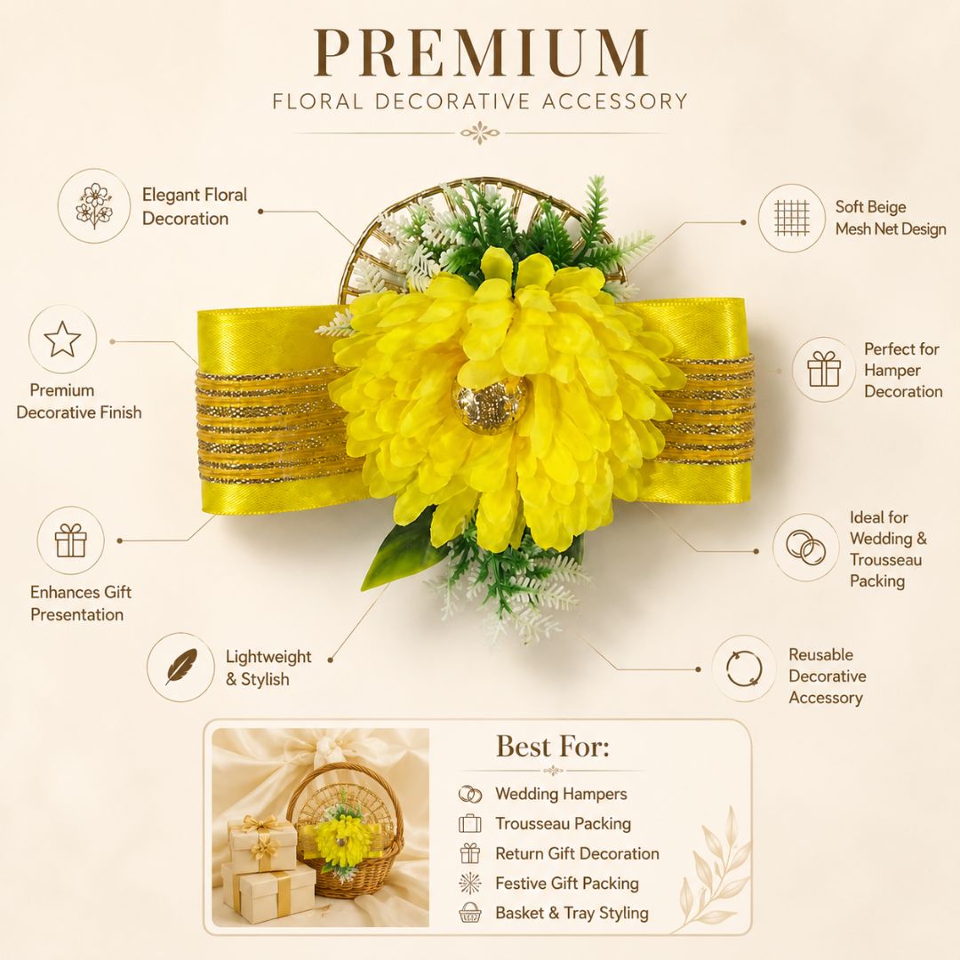 Set of 5 Yellow Floral Decorative Accessories for Hamper Decoration, Trousseau Packing & Gift Wrapping