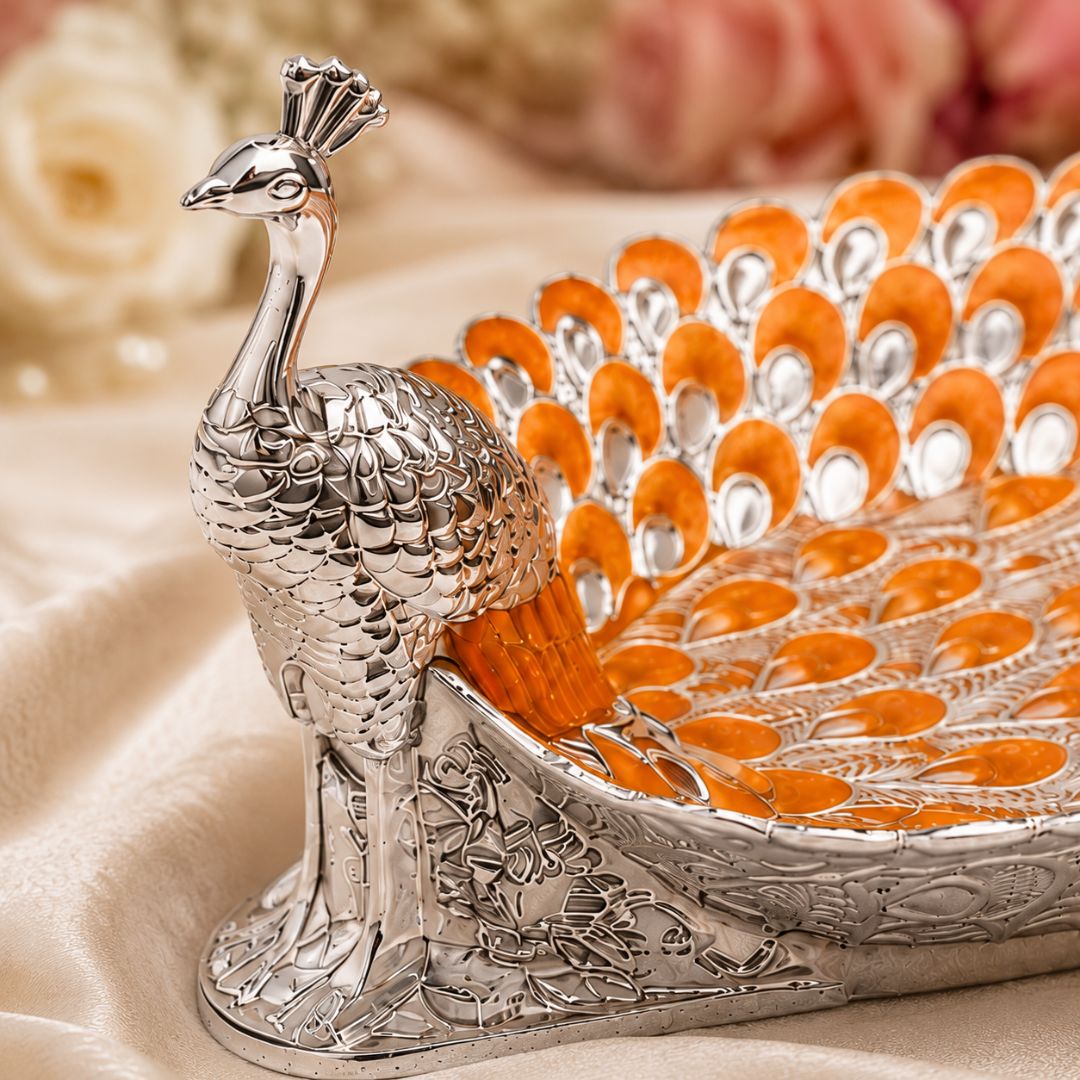 Peacock-Shaped German Silver Tray with Orange Enamel (8 Inch) – Luxury Dry Fruit & Gifting Tray - Adscraft.in