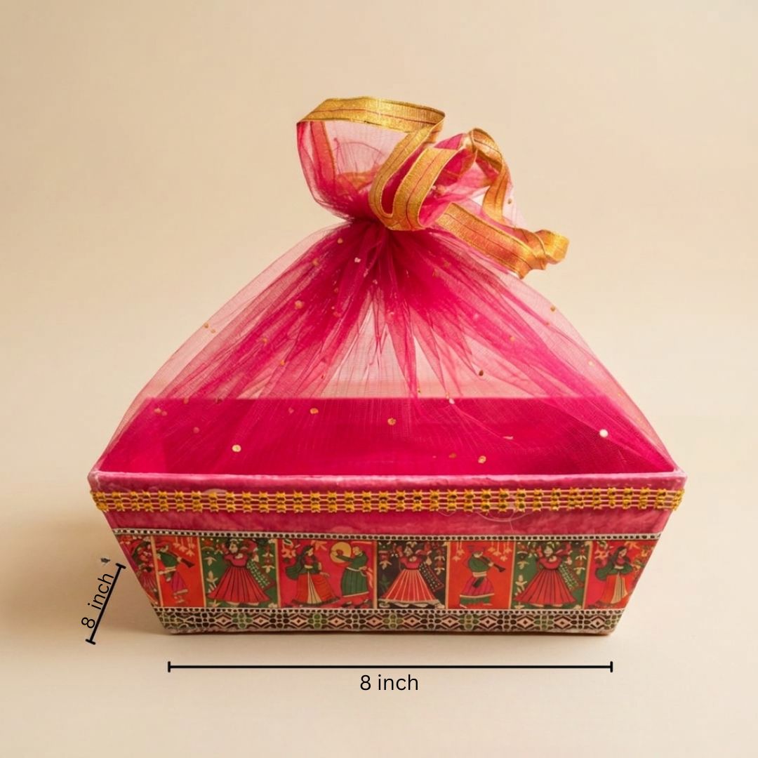 (Pack of 10)(8 x 8)Premium Red Net Gift Tray with Folk Art Base – | Wedding Trousseau & Festive Hamper Tray