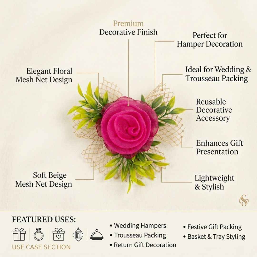 Set of 5 Magenta Pink Net Flower Decorative Accessories for Hamper & Trousseau Packing