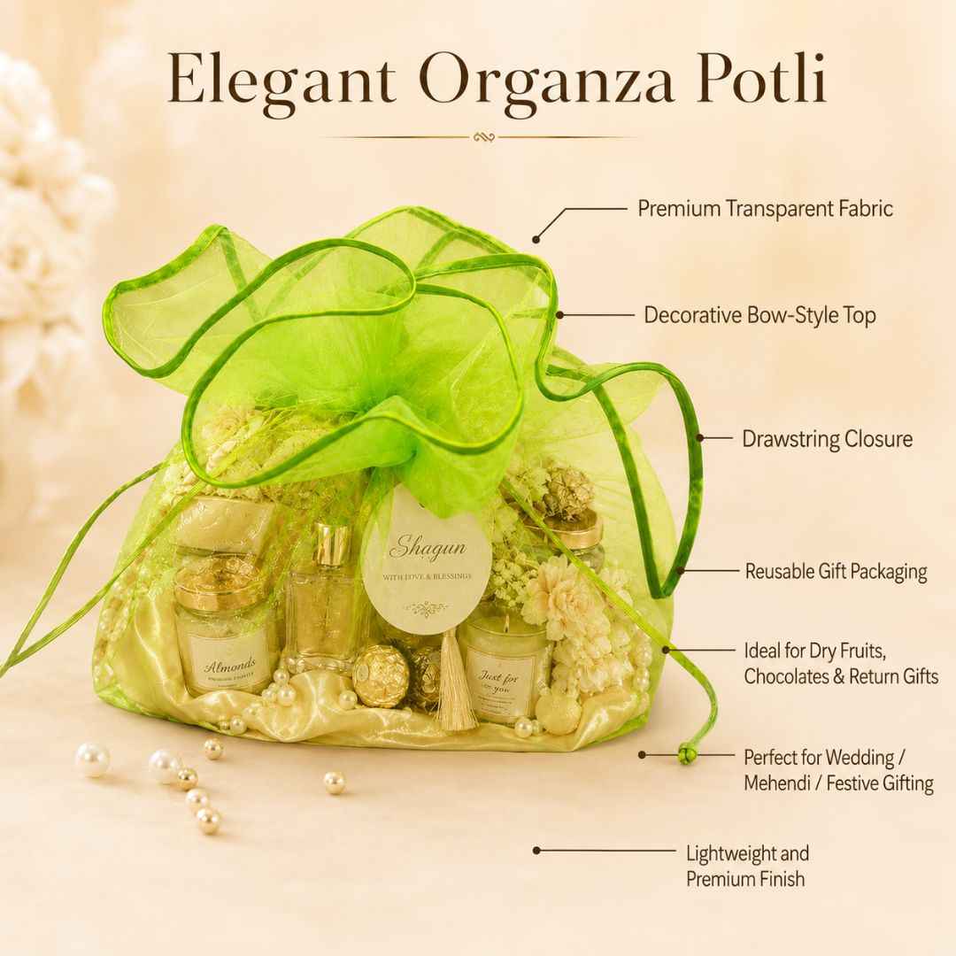 Green Organza Potli Gift Bag Pack of 5