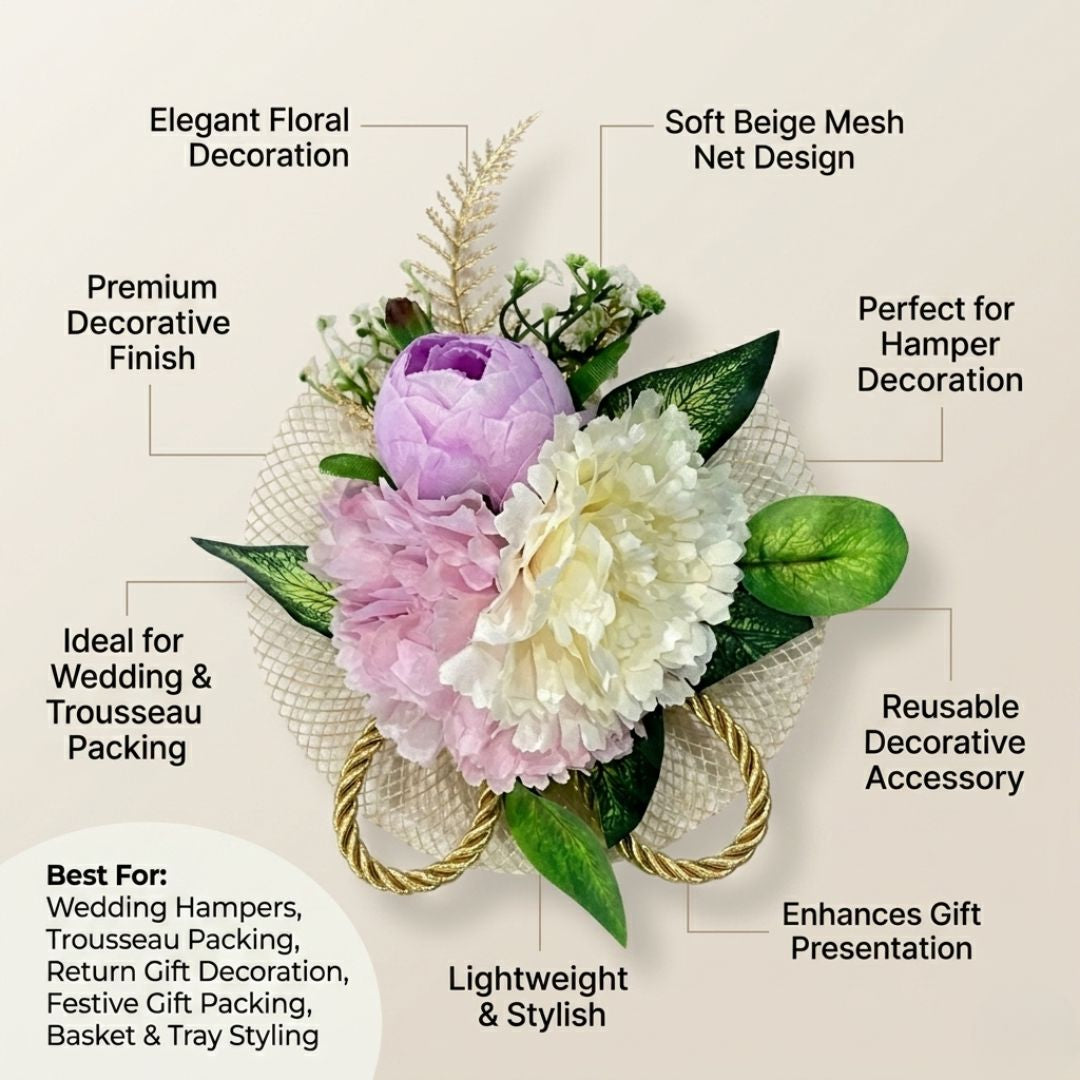 Set of 5 Pastel Pink & White Floral Decorative Accessories for Hamper & Trousseau Packing