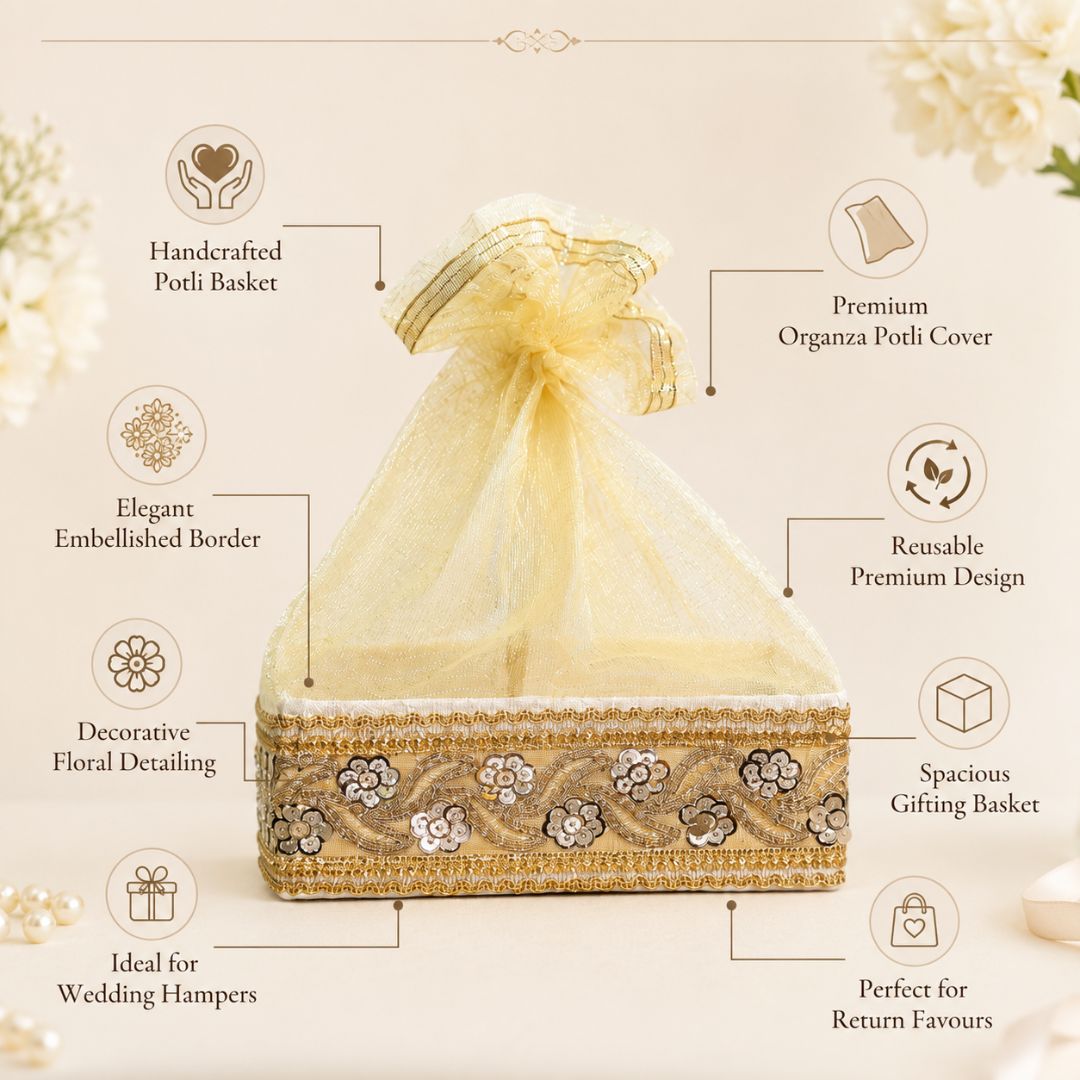 Set of 3-Ivory Gold Embroidered Wedding Hamper Basket Set