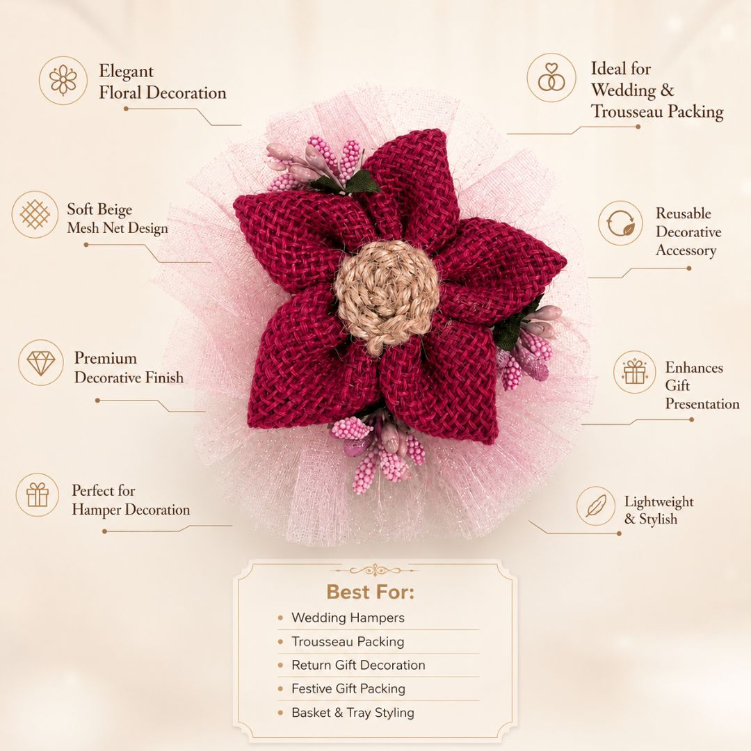 Set of 5 Magenta Jute Floral Net Decoration Accessories for Hamper Packing