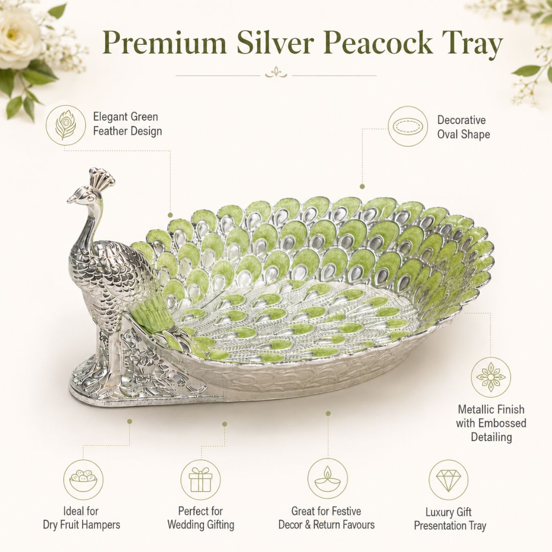 Peacock-Shaped German Silver Dry Fruit Tray – Green Enamel Finish (8 Inch) - Adscraft.in