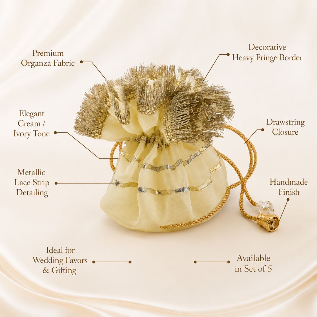 Pack of 5 -Cream Gold Lace Drawstring Potli Bag