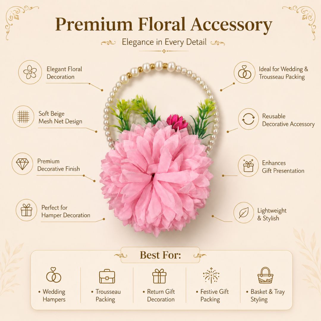 Set of 5 Pink Pearl Handle Floral Decorative Accessories for Hamper & Trousseau Packing