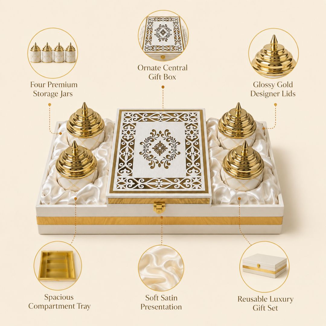 Ivory Gold 4 Jar Dry Fruit Gift Box Set with Decorative Centre Box