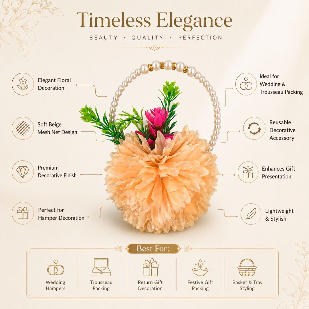Set of 5 Peach Pearl Handle Floral Decorative Accessories for Hamper & Trousseau Packing