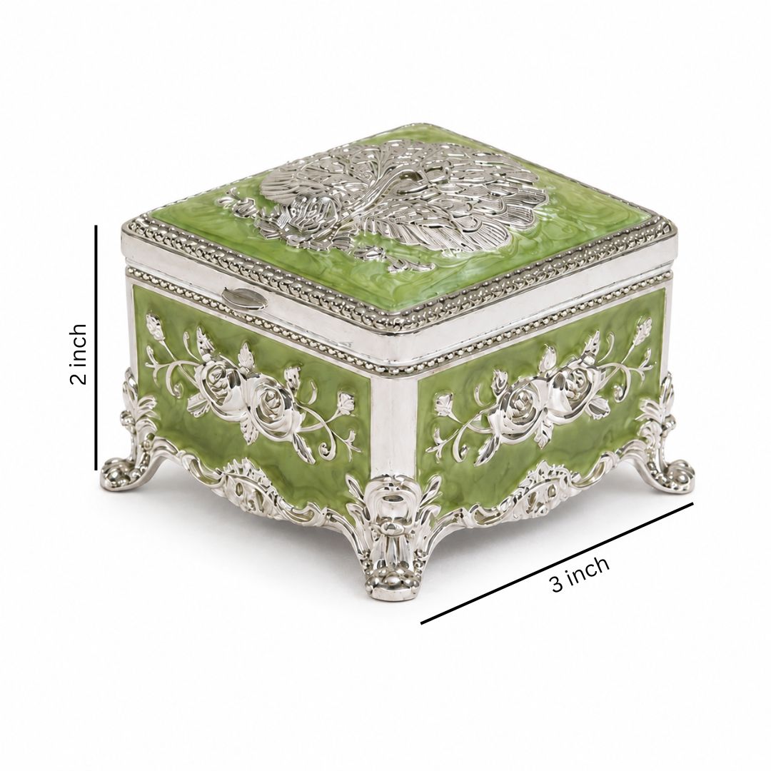 Royal Green Floral Metal Jewellery Box with Velvet Lining (3 x 3 x 2 Inch)