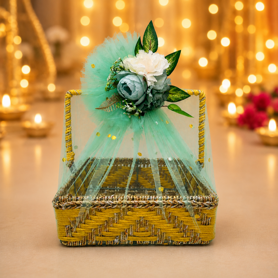 (Set of 3 )Premium Yellow Handwoven Trousseau Basket Set with Mint Net Decor –
