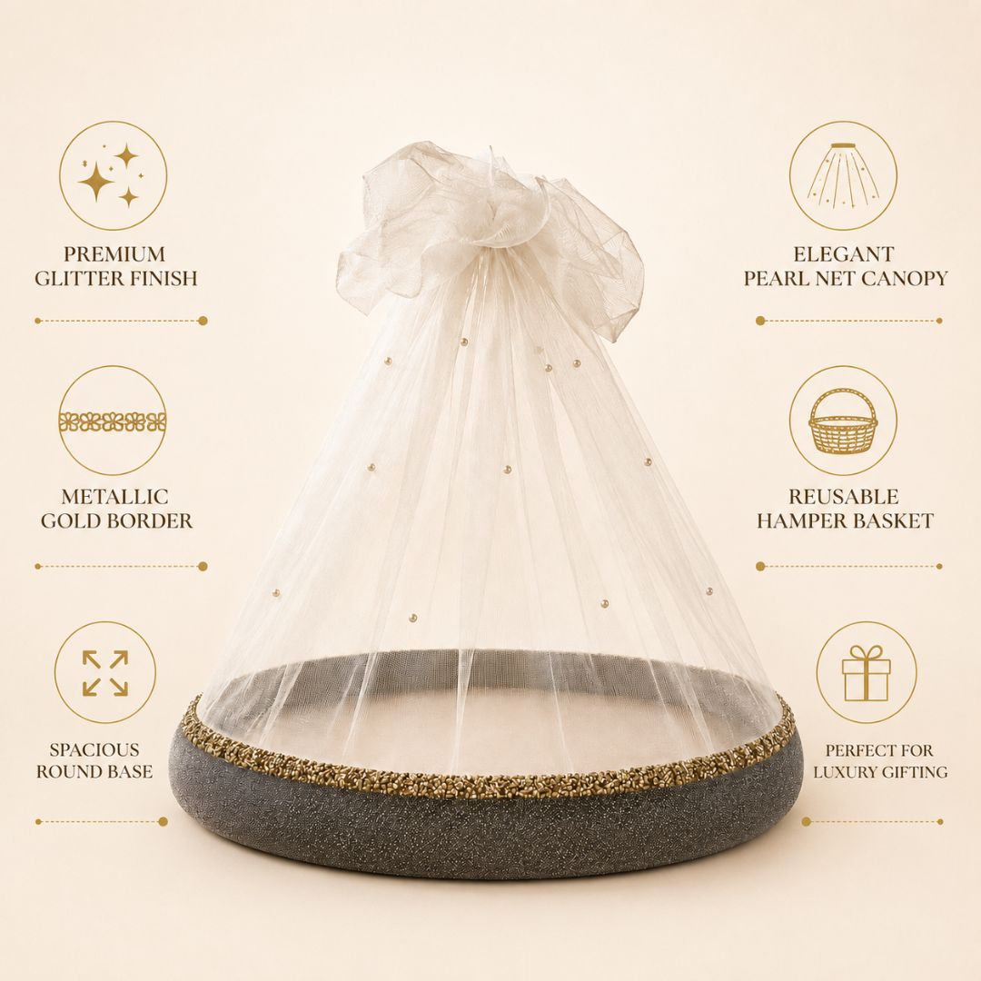 Charcoal Grey Pearl Net Round Hamper Basket