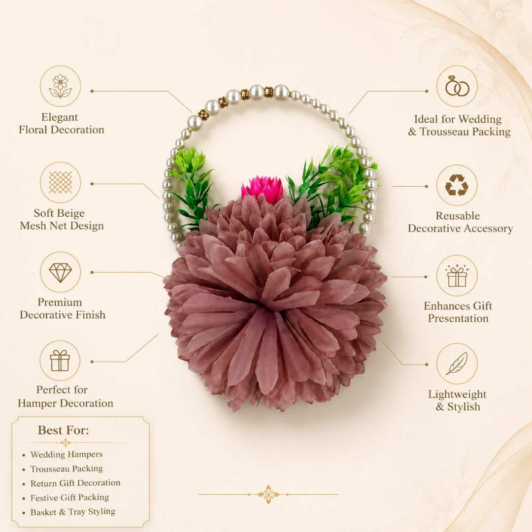 Set of 5 Mauve Pearl Handle Floral Decorative Accessories for Hamper & Trousseau Packing