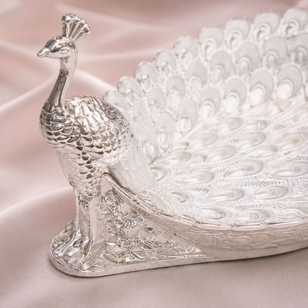 Peacock-Shaped German Silver Dry Fruit Tray (8 Inch) – Elegant Wedding & Festive Serving Platter - Adscraft.in