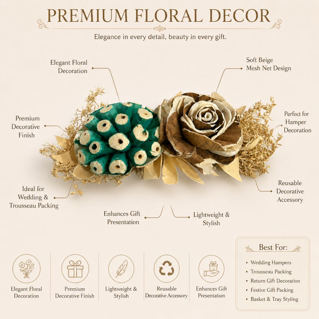 Set of 5 Teal & Brown Floral Decorative Accessories for Hamper & Trousseau Packing