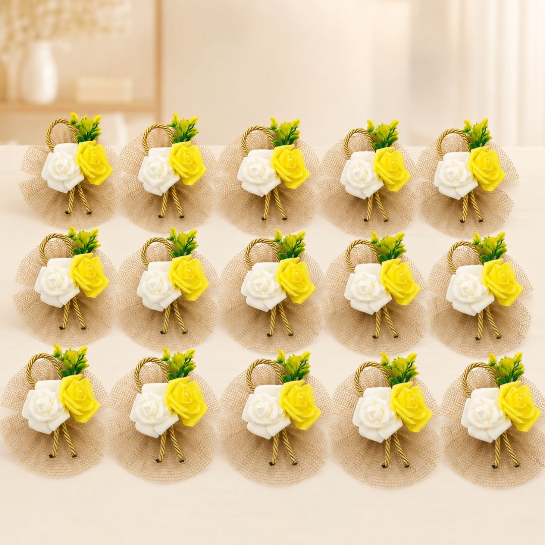 Pack of 5 Yellow & White Rose Net Decorative Accessories for Hamper Packing