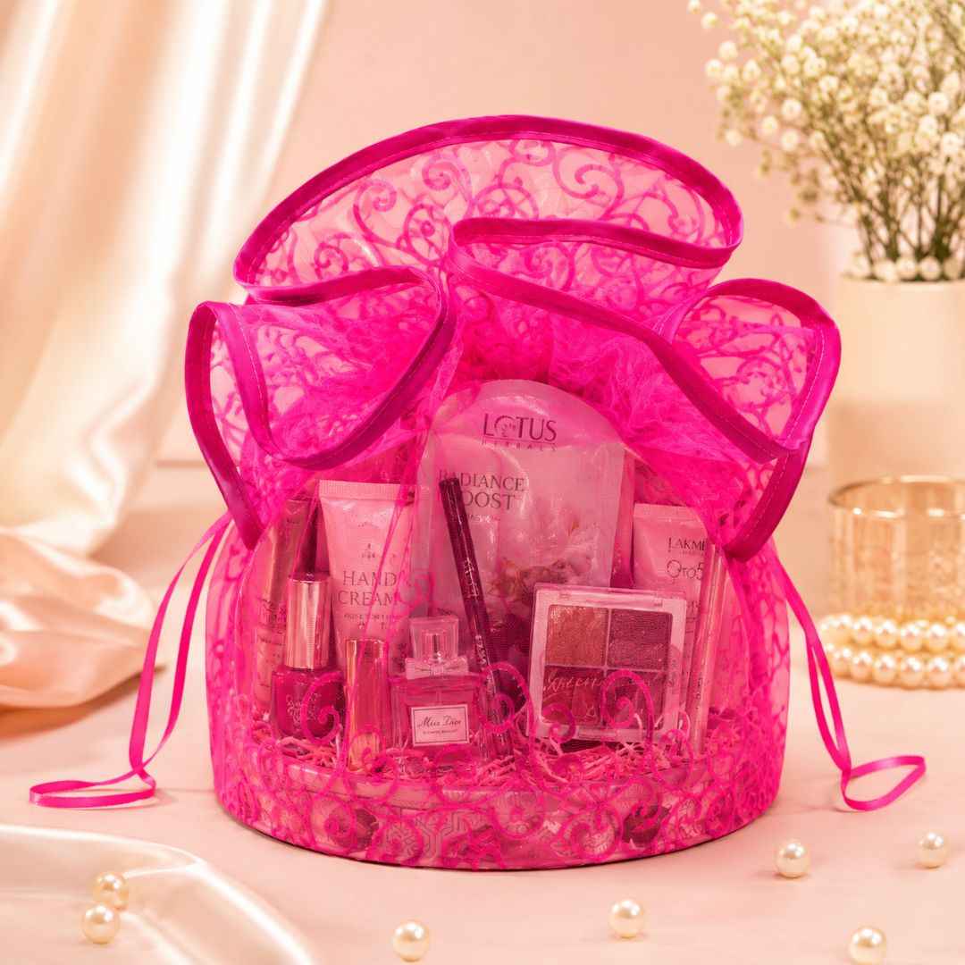 Pink Designer Organza Potli Basket – Set of 5