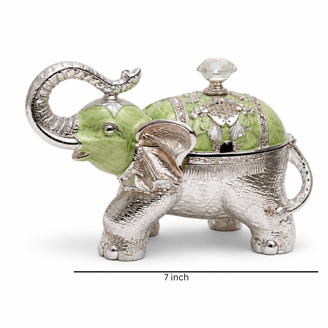 Luxury Silver Elephant Dry Fruit Box – Green Finish | 8 x 6 Inch Decorative Gift Box