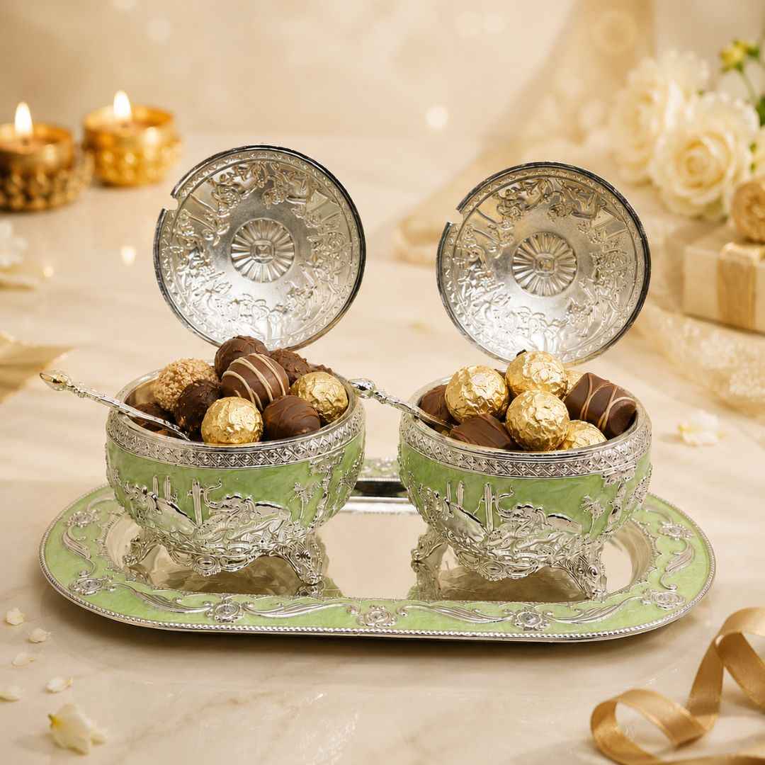 German Silver Green Elephant Serving Set with Spoon