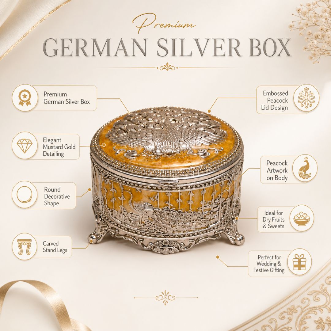 Premium German Silver Peacock Jewellery Box – 3 Inch Round with Velvet Interior